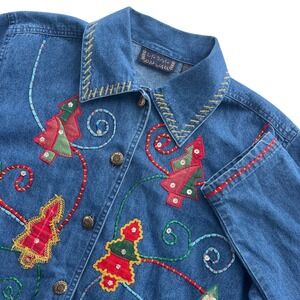 Life Style M Blue Denim Embroidery Christmas Trees Button Front Shirt Jacket VTG